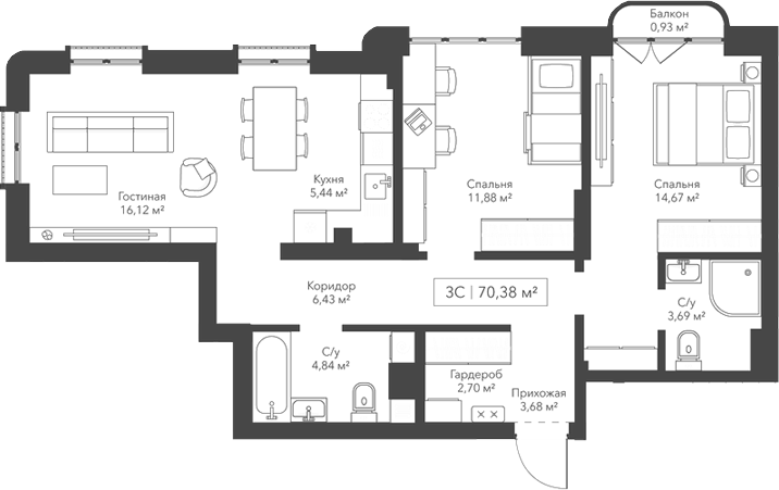 Планировка — Willart, 3-комн., 69 м²
