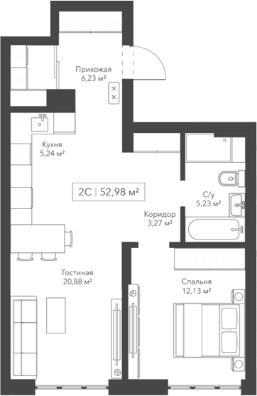 Планировка — Willart, 2-комн., 53 м²