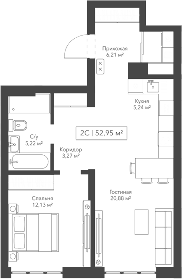 Планировка — Willart, 2-комн., 53 м²