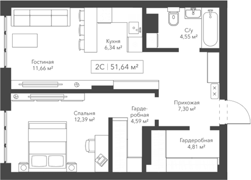 Планировка — Willart, 2-комн., 52 м²