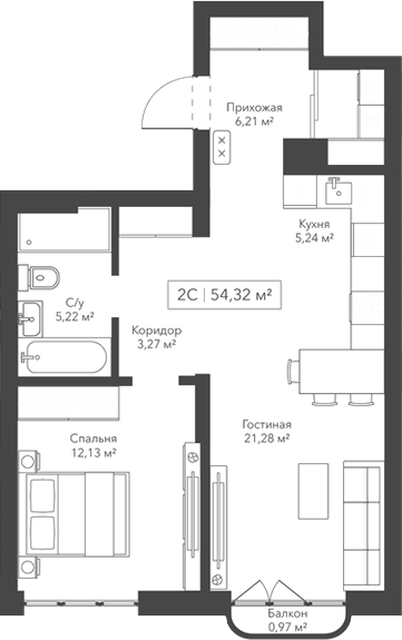 Планировка — Willart, 2-комн., 53 м²