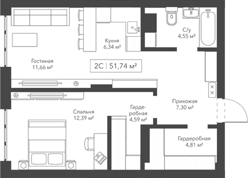 Планировка — Willart, 2-комн., 52 м²