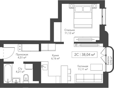 Планировка — Willart, 2-комн., 37 м²