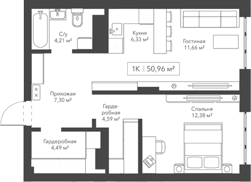 Планировка — Willart, 1-комн., 51 м²