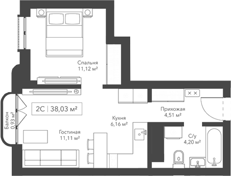 Планировка — Willart, 2-комн., 37 м²