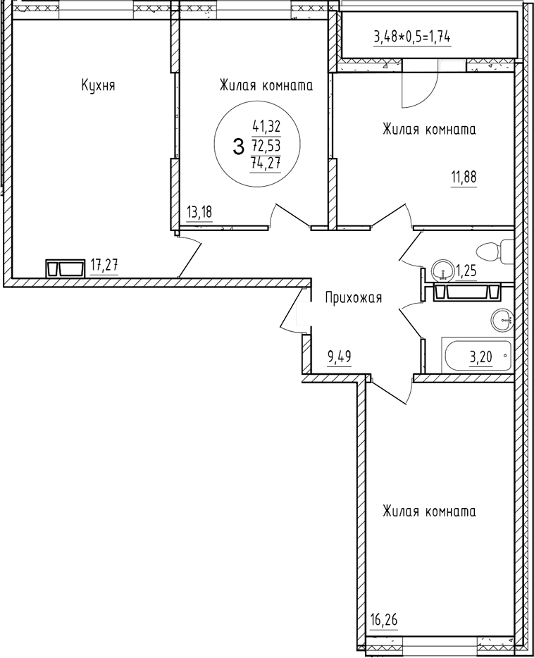 Планировка — Друг, 3-комн., 73 м²