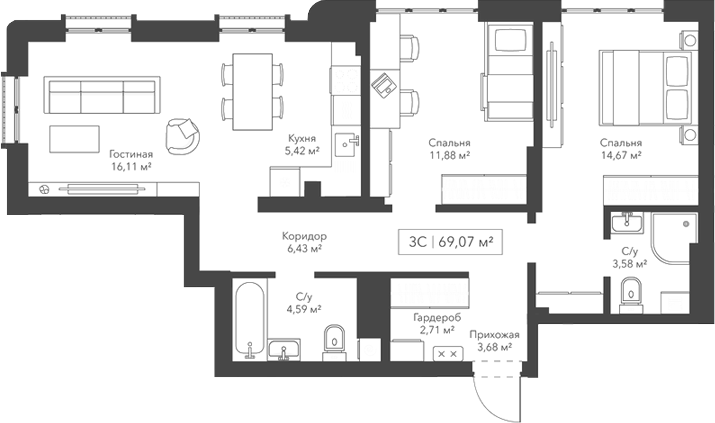 Планировка — Willart, 3-комн., 69 м²