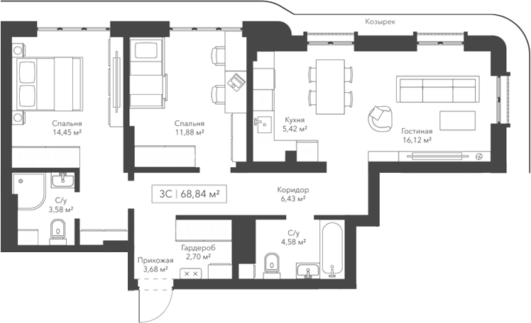 Планировка — Willart, 3-комн., 69 м²