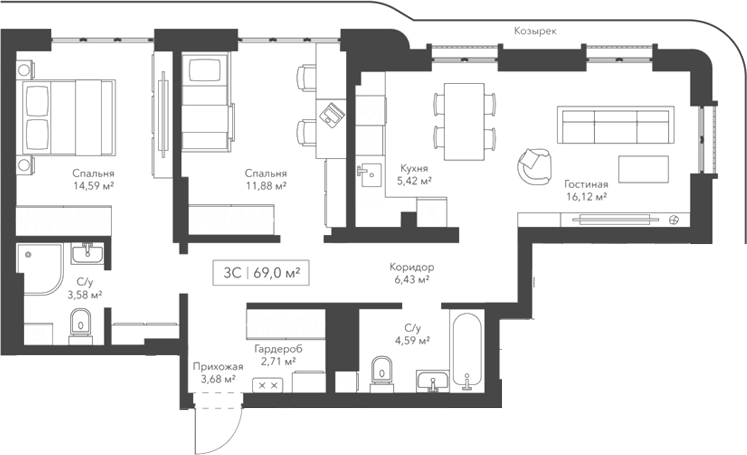 Планировка — Willart, 3-комн., 69 м²