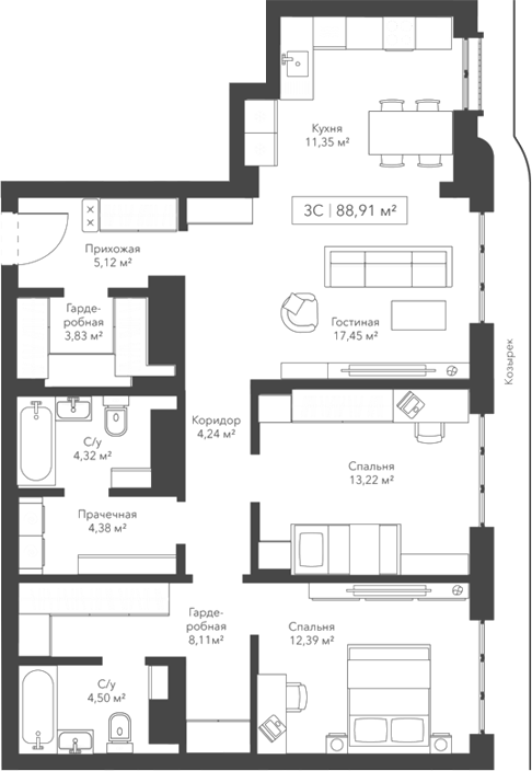 Планировка — Willart, 3-комн., 89 м²