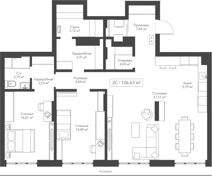 Планировка — Willart, 3-комн., 107 м²