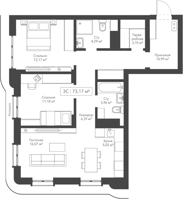 Планировка — Willart, 3-комн., 73 м²