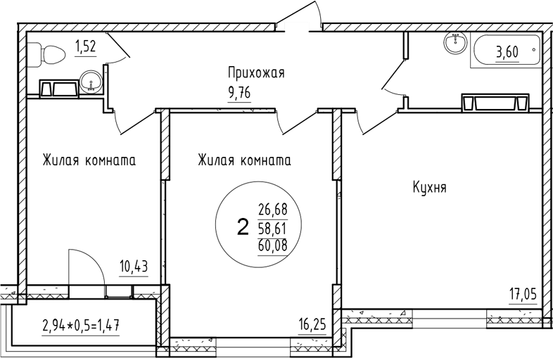 Планировка — Друг, 2-комн., 59 м²