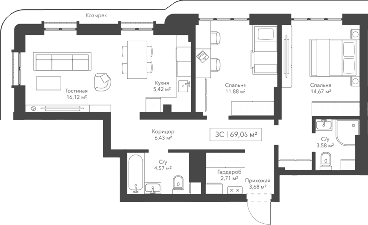 Планировка — Willart, 3-комн., 69 м²