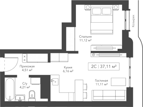 Планировка — Willart, 2-комн., 37 м²