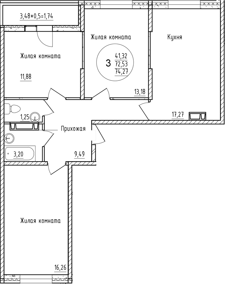 Планировка — Друг, 3-комн., 73 м²