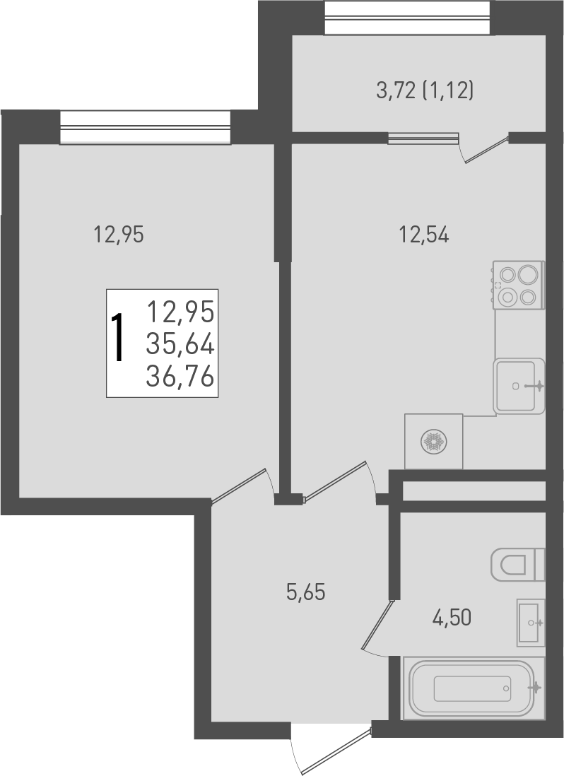 Планировка — Югге, 1-комн., 36 м²