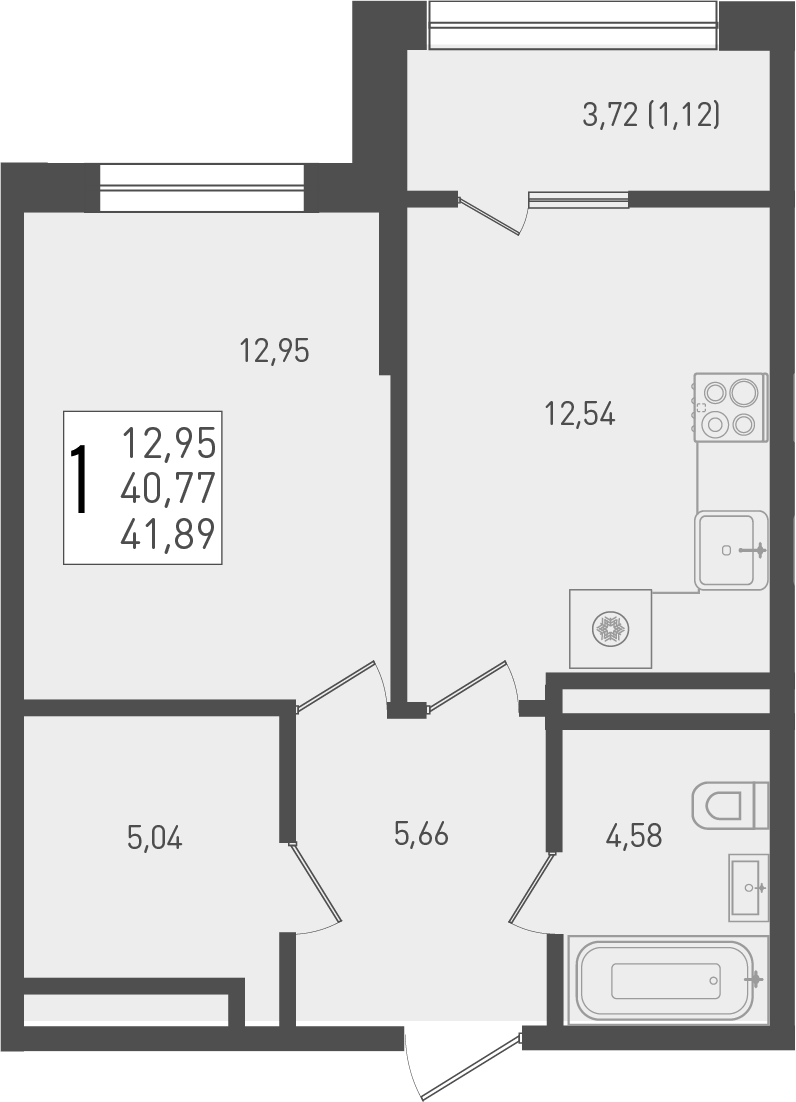 Планировка — Югге, 1-комн., 41 м²