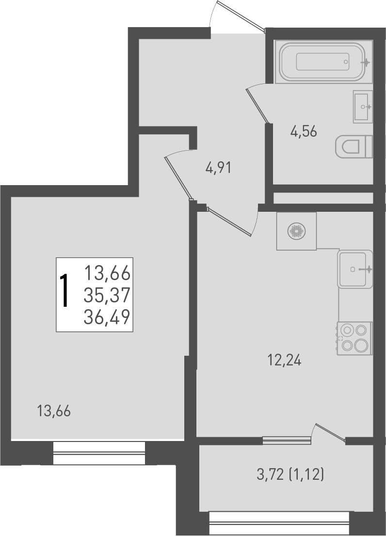 Планировка — Югге, 1-комн., 35 м²