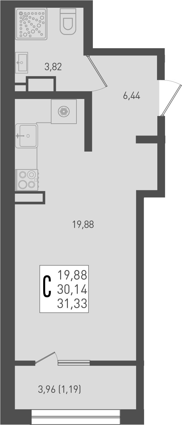 Планировка — Югге, Студия, 30 м²