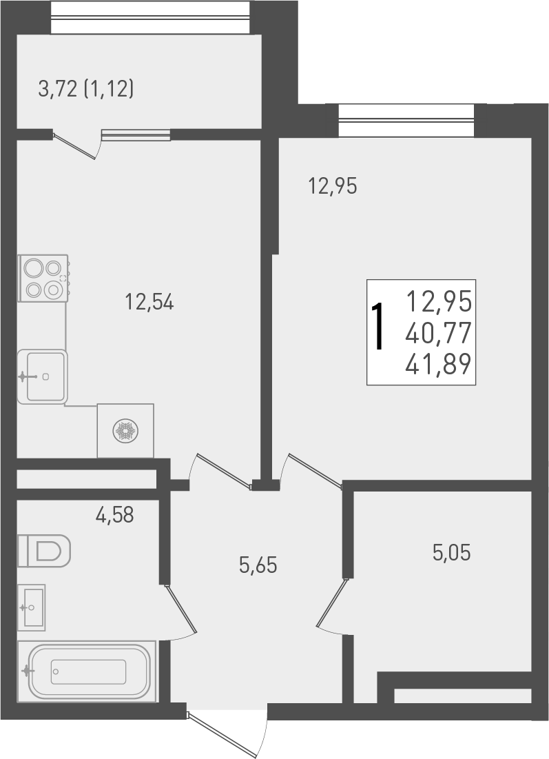 Планировка — Югге, 1-комн., 41 м²