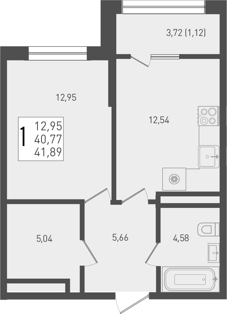 Планировка — Югге, 1-комн., 41 м²