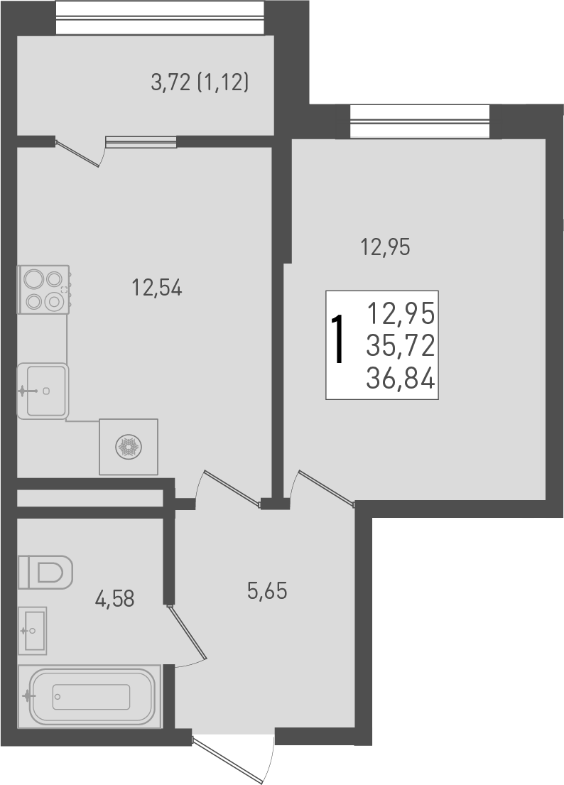 Планировка — Югге, 1-комн., 36 м²
