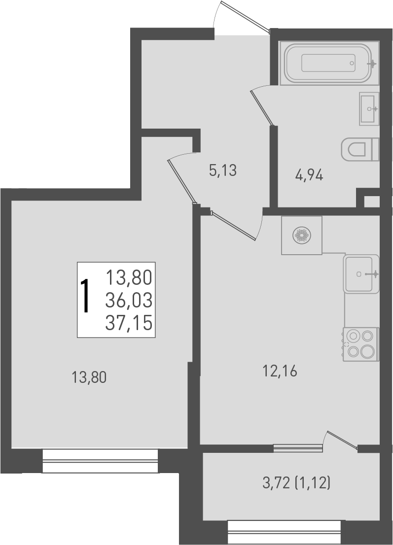 Планировка — Югге, 1-комн., 36 м²