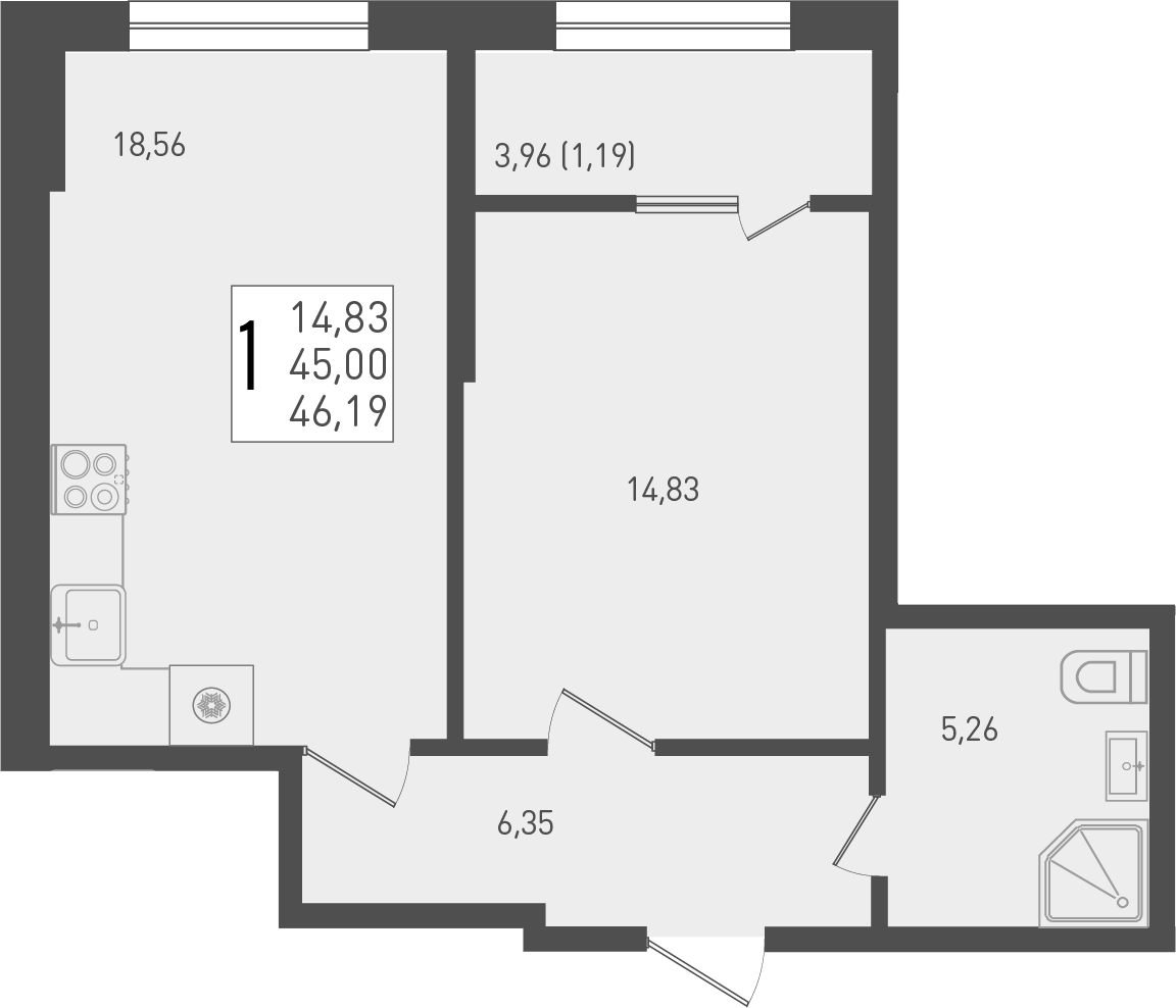 Планировка — Югге, 1-комн., 45 м²