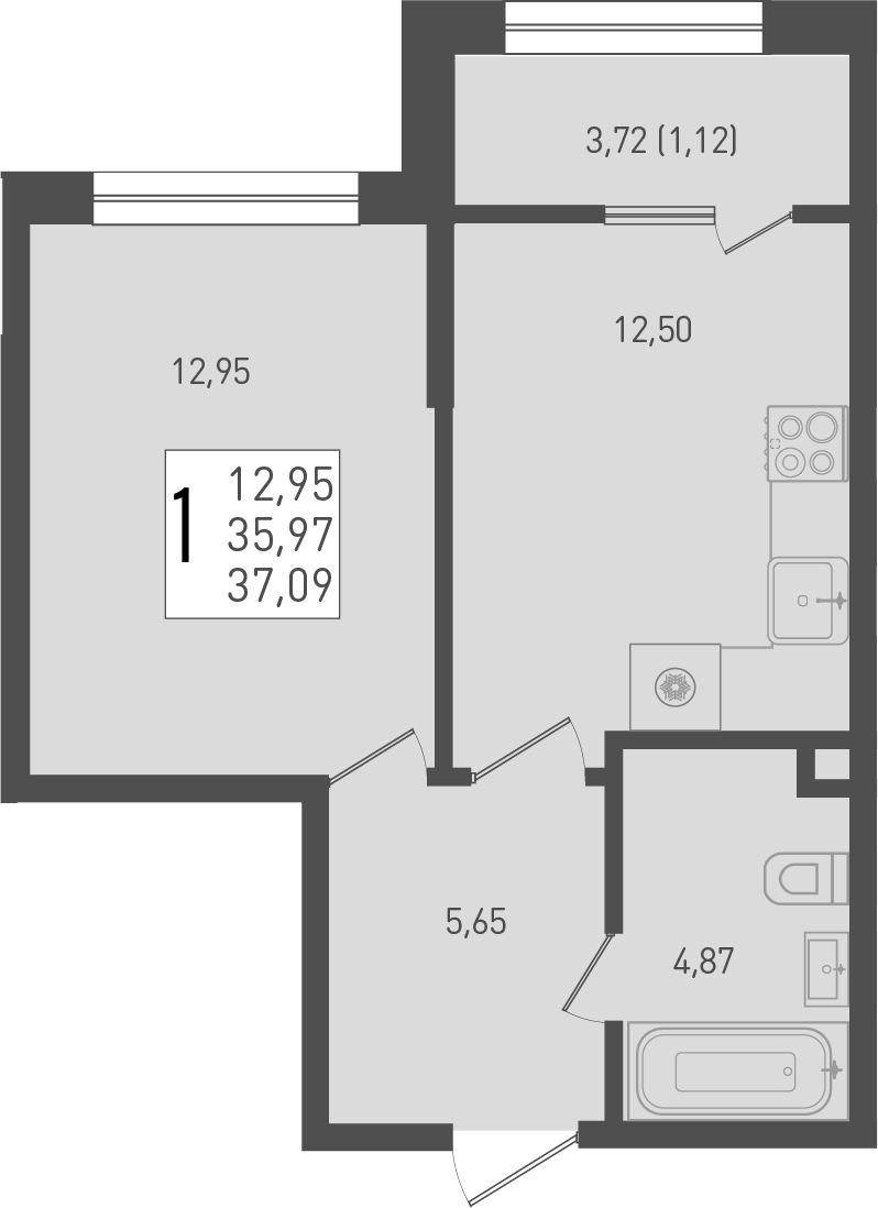 Планировка — Югге, 1-комн., 36 м²
