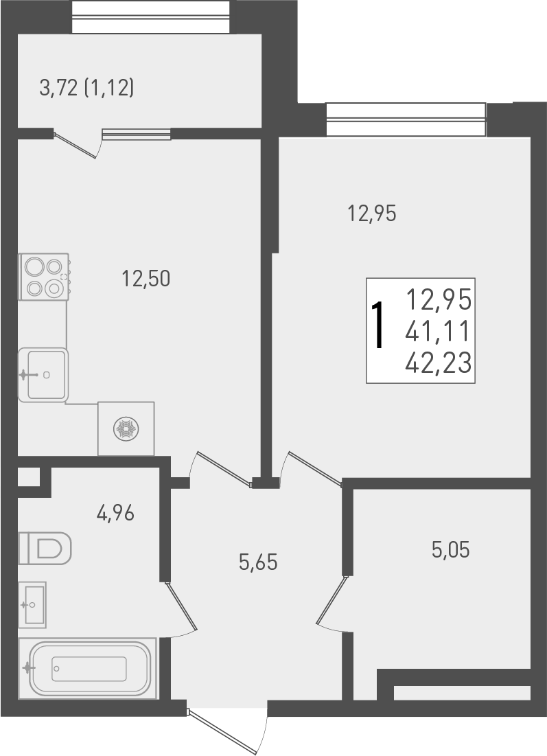 Планировка — Югге, 1-комн., 41 м²