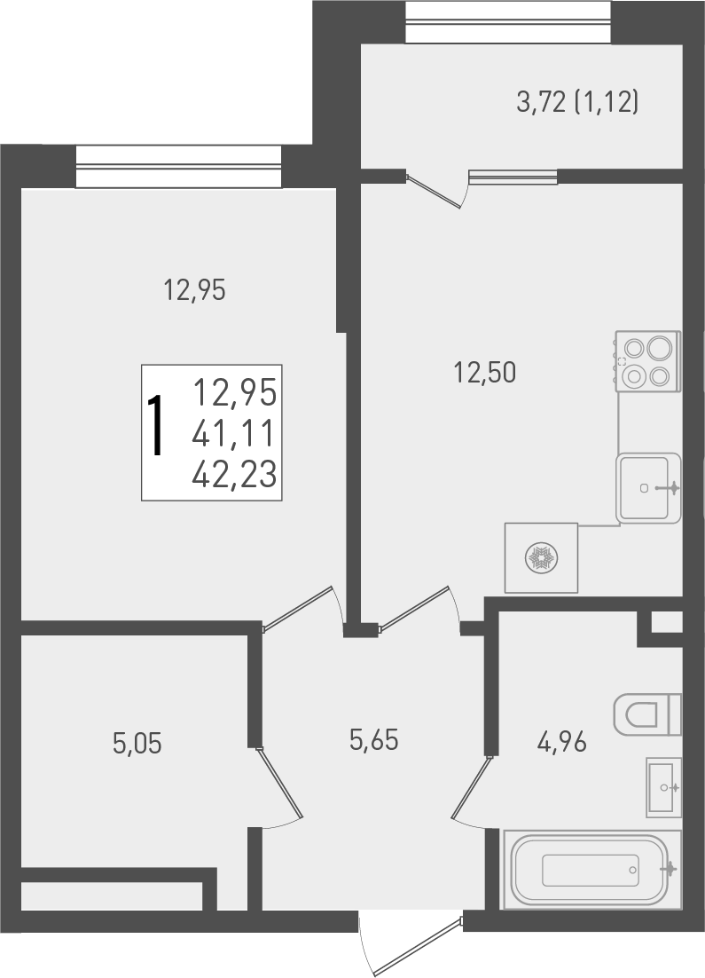 Планировка — Югге, 1-комн., 41 м²