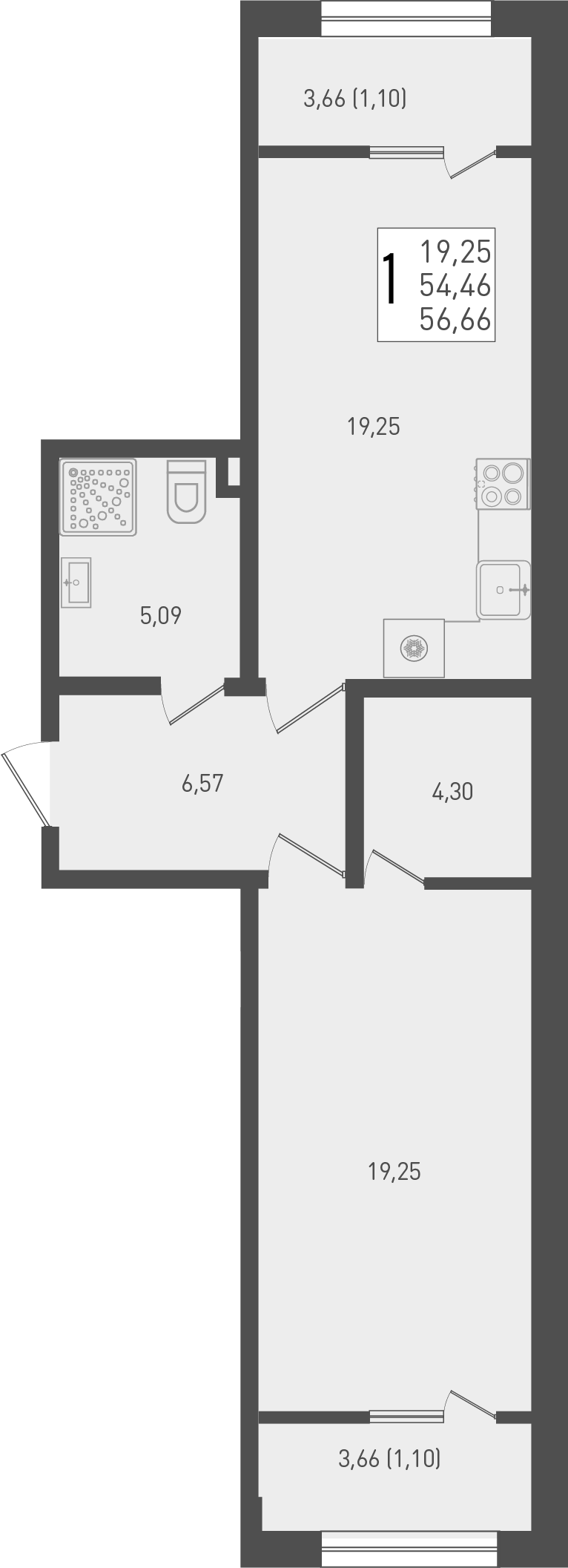 Планировка — Югге, 1-комн., 54 м²