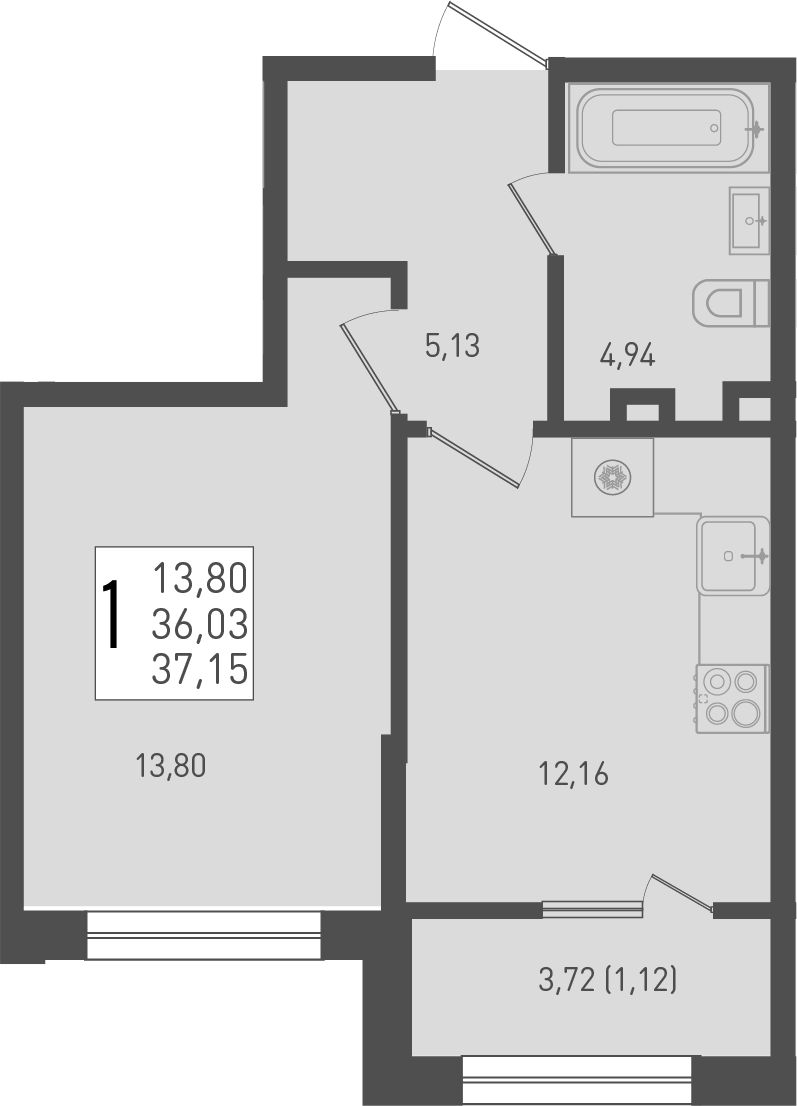 Планировка — Югге, 1-комн., 36 м²