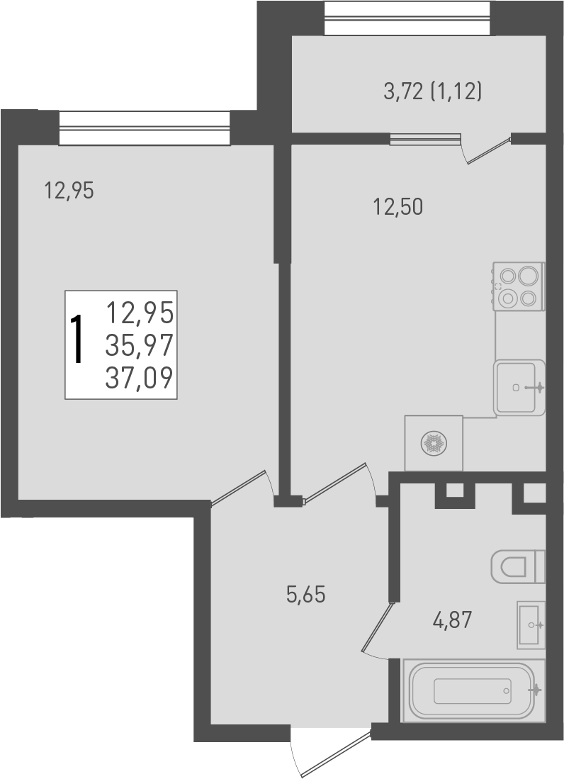 Планировка — Югге, 1-комн., 36 м²