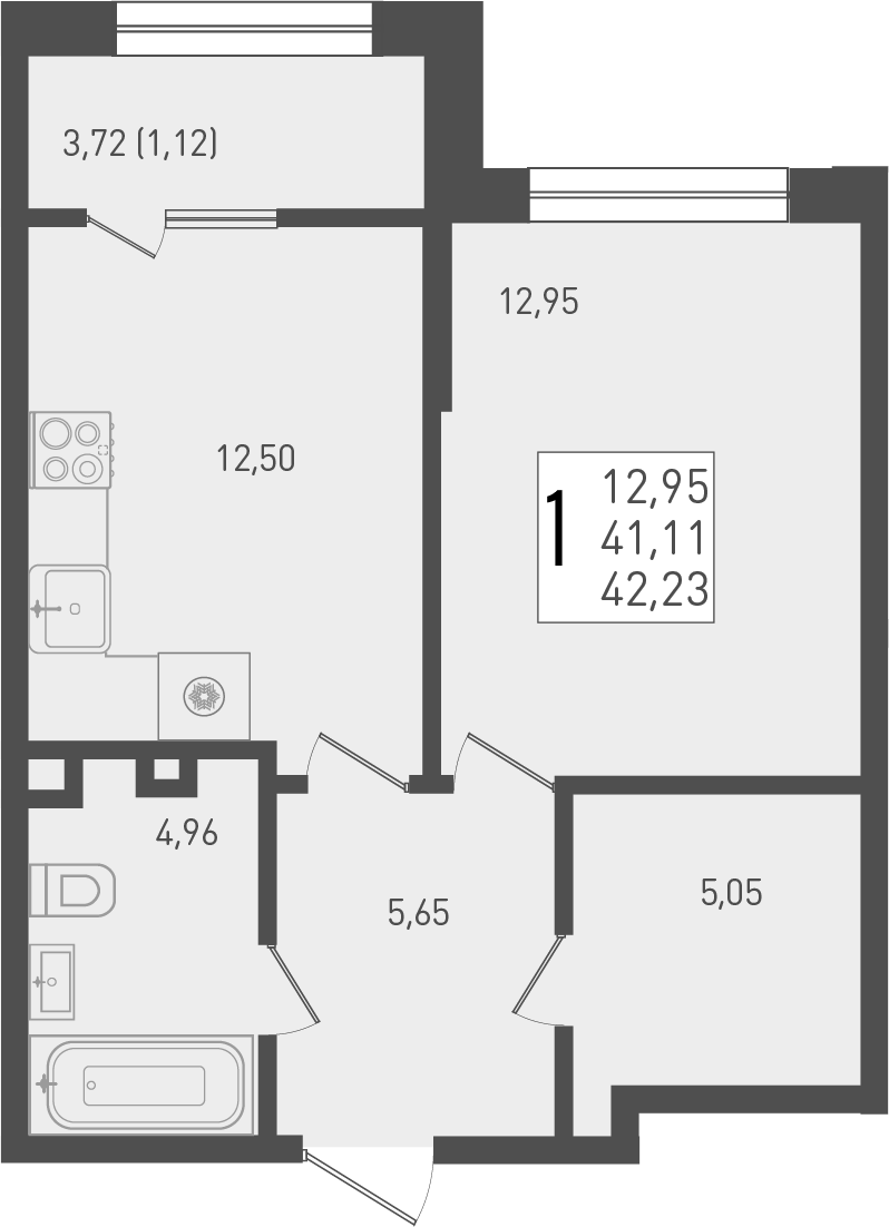 Планировка — Югге, 1-комн., 41 м²