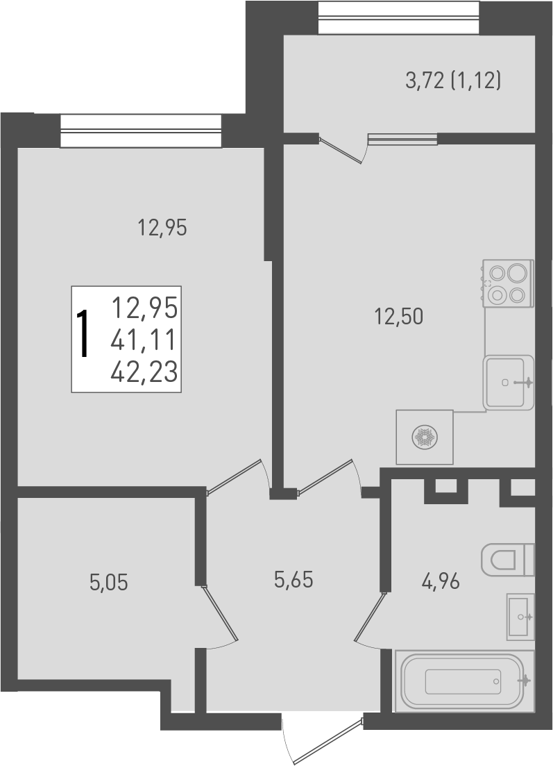 Планировка — Югге, 1-комн., 41 м²