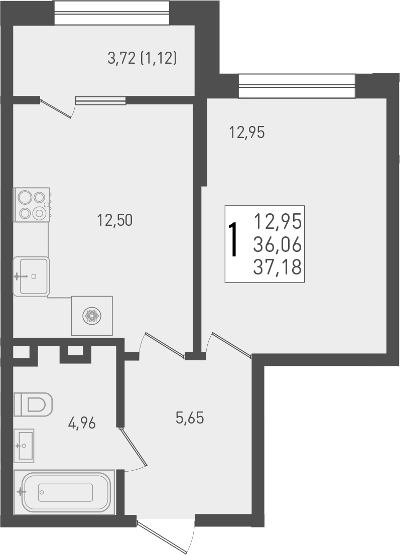 Планировка — Югге, 1-комн., 36 м²