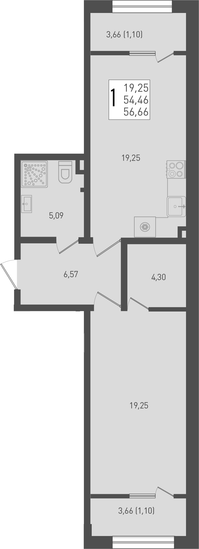 Планировка — Югге, 1-комн., 54 м²