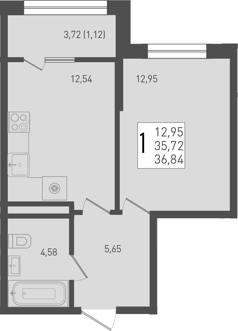 Планировка — Югге, 1-комн., 36 м²