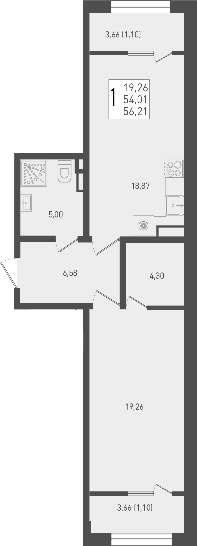 Планировка — Югге, 1-комн., 54 м²