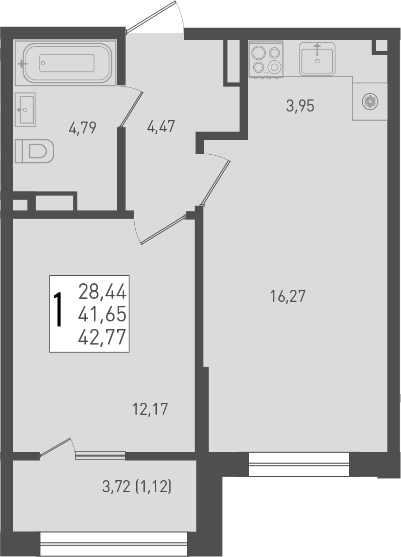Планировка — Югге, 2-комн., 42 м²