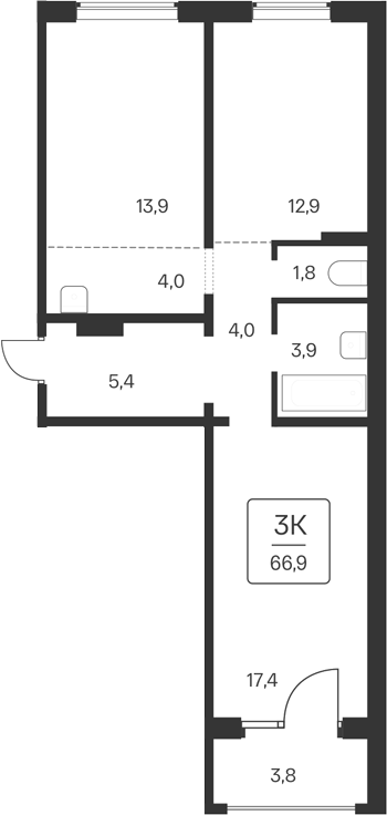 Планировка — Квартал Цветной Бульвар, 2-комн., 63 м²