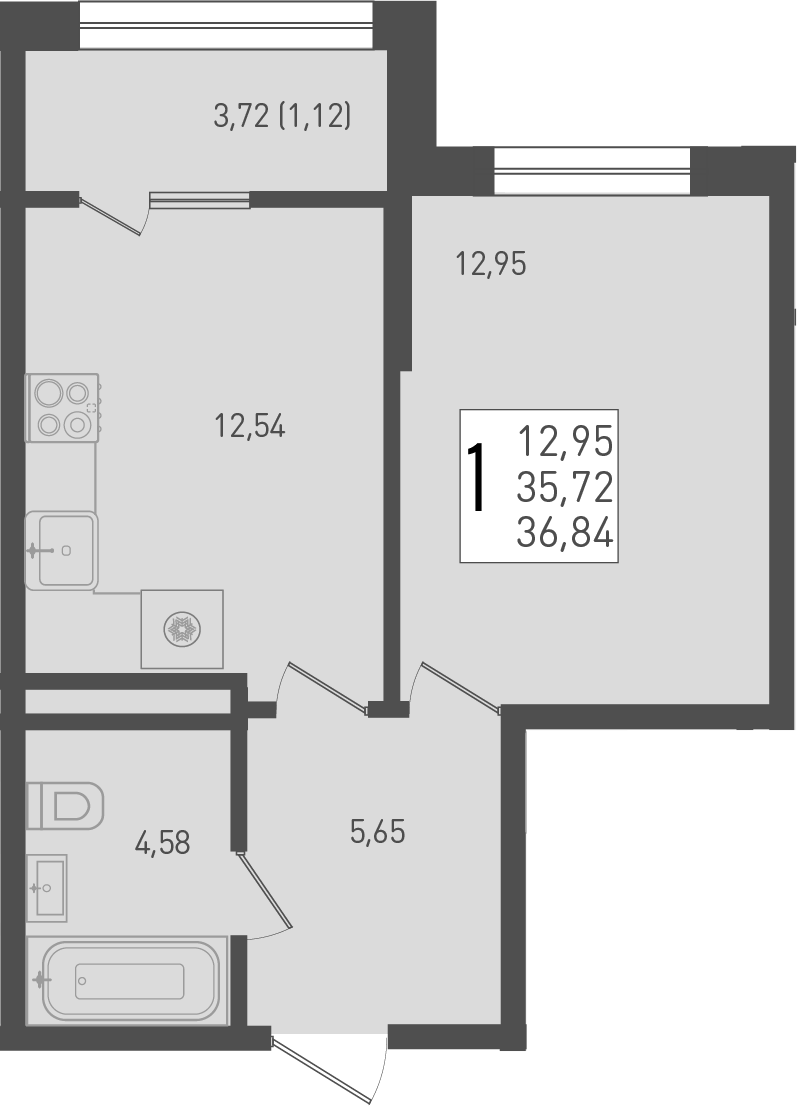 Планировка — Югге, 1-комн., 36 м²