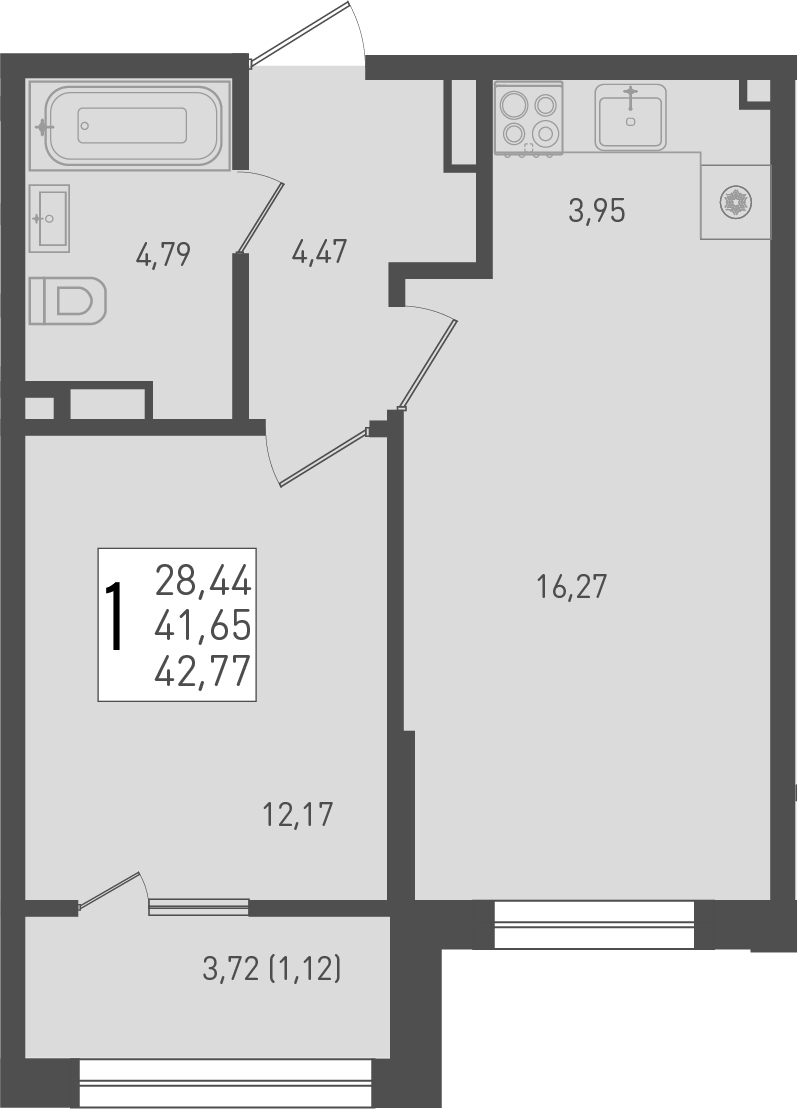 Планировка — Югге, 2-комн., 42 м²