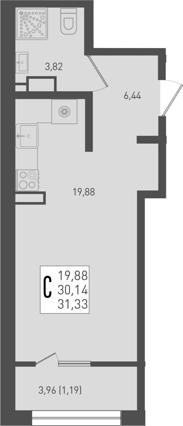Планировка — Югге, Студия, 30 м²