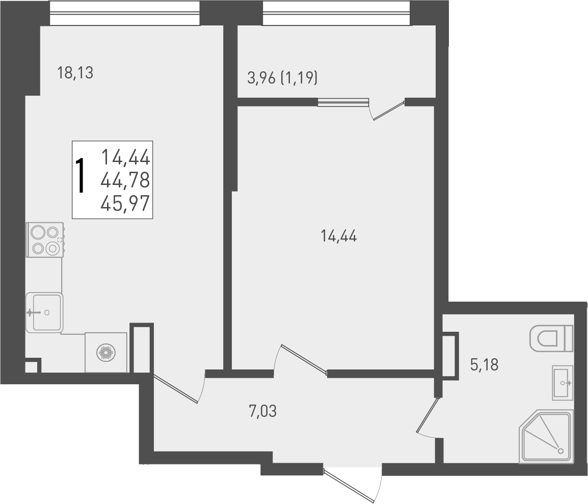 Планировка — Югге, 1-комн., 45 м²