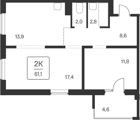 Планировка — Квартал Цветной Бульвар, 2-комн., 57 м²