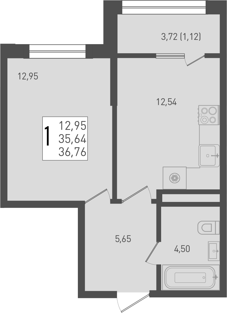 Планировка — Югге, 1-комн., 36 м²