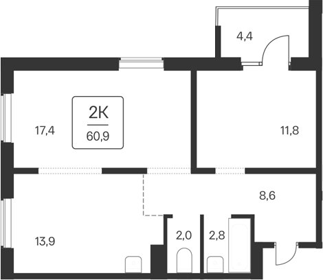 Планировка — Квартал Цветной Бульвар, 2-комн., 57 м²